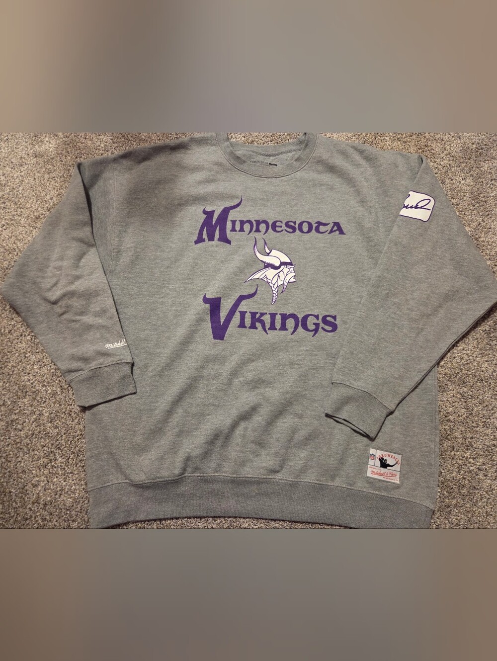 Mitchell & Ness Gray Crewneck Minnesota Vikings Sweatshirt Bud Patch Mens 3XL